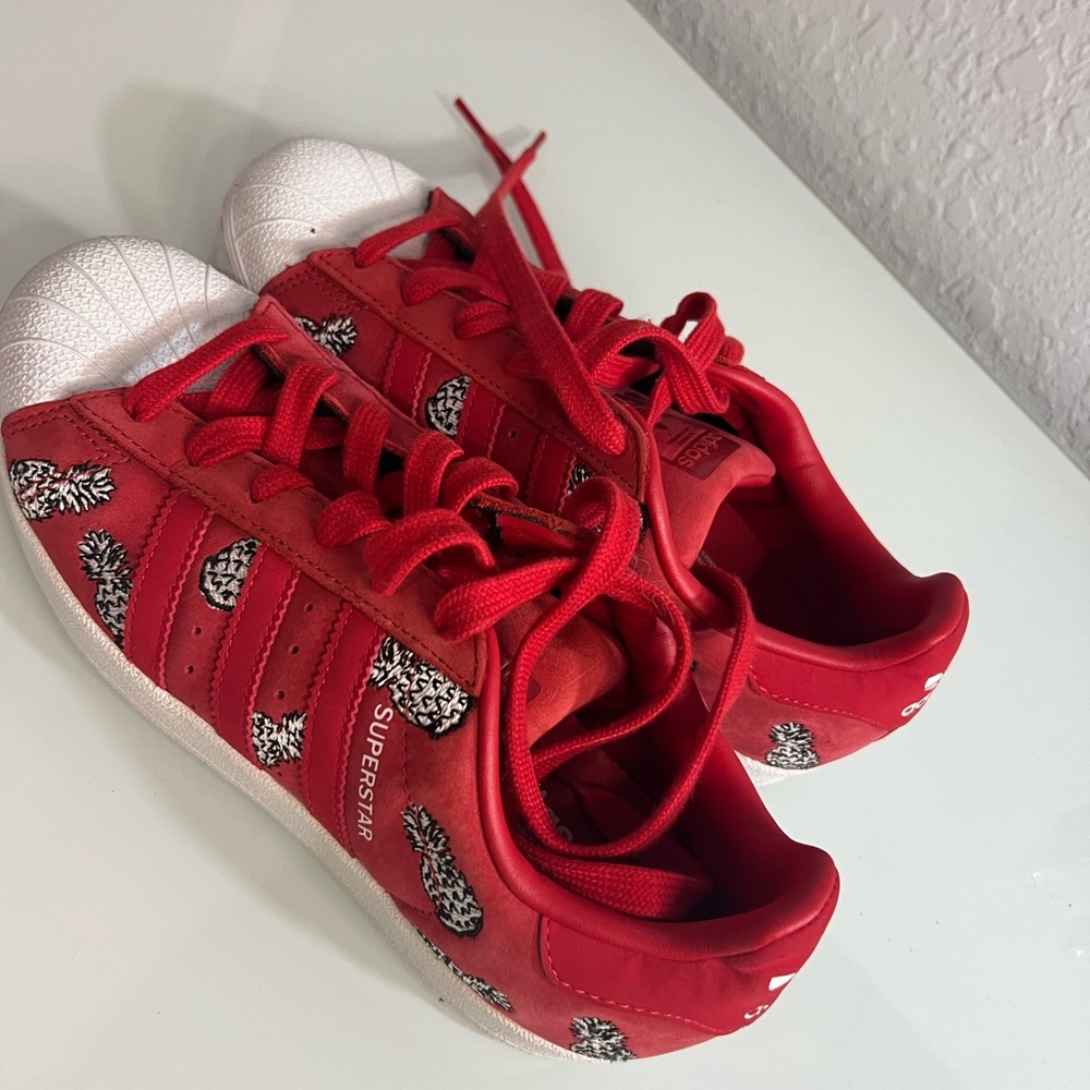 Adidas Red Superstar Sneakers with Pineapple Design